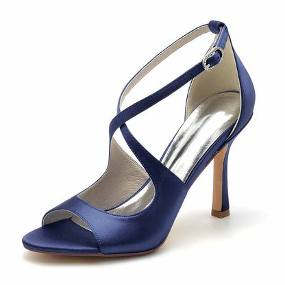 3.74" Peep Toe Satin Bridal Shoes Crossed Strappy Heels