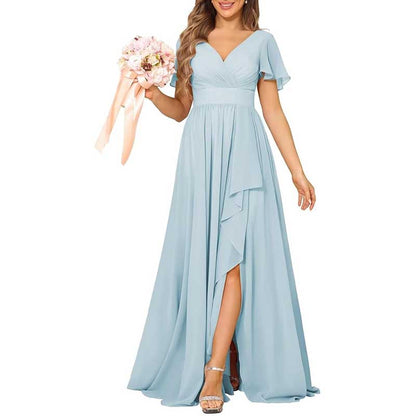 V-Neck Chiffon Bridesmaid Dress With Pocket Short Sleeves & Elegant Side Split