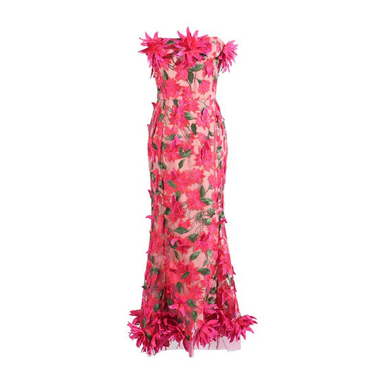 Women's 3D Flower Strapless Midi Dress