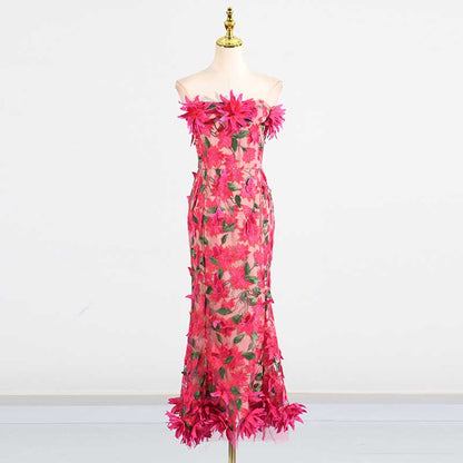 Women's 3D Flower Strapless Midi Dress