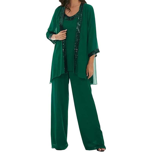 3 Pcs Mother of The Bride Outfit Wedding 3/4 Sleeves Formal Pantsuit with Jacket
