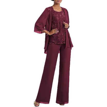 3 Pcs Mother of The Bride Suit Jacketed Lace Applique Formal Set with Sleeves