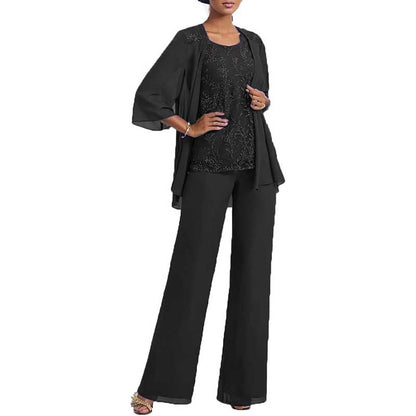 3 Pcs Mother of The Bride Suit Jacketed Lace Applique Formal Set with Sleeves