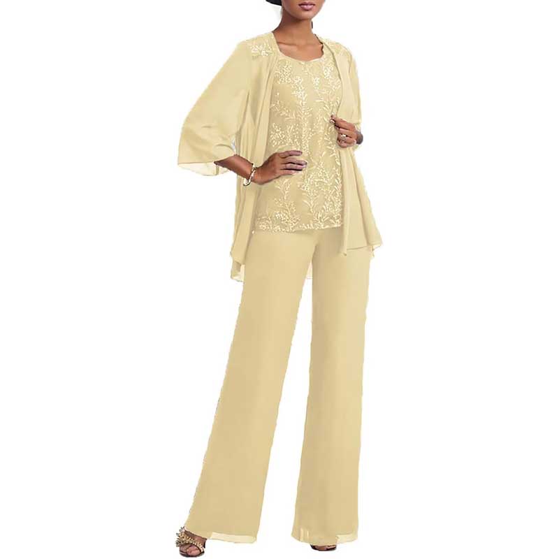 3 Pcs Mother of The Bride Suit Jacketed Lace Applique Formal Set with Sleeves