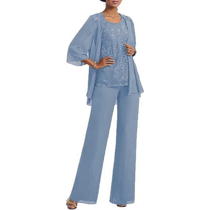3 Pcs Mother of The Bride Suit Jacketed Lace Applique Formal Set with Sleeves