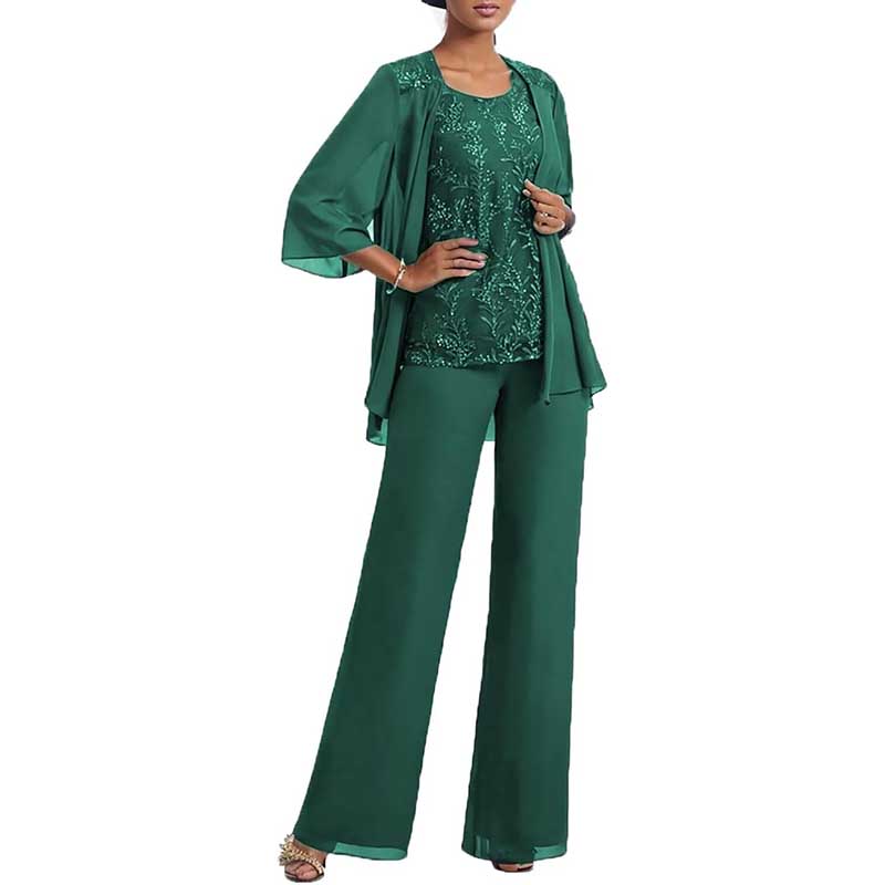 3 Pcs Mother of The Bride Suit Jacketed Lace Applique Formal Set with Sleeves