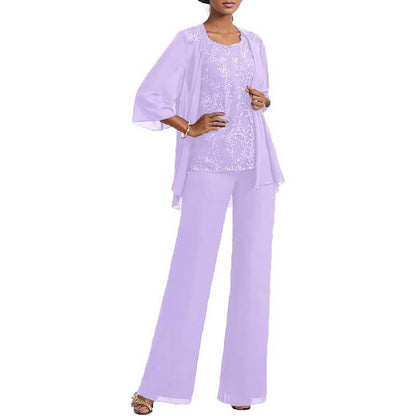 3 Pcs Mother of The Bride Suit Jacketed Lace Applique Formal Set with Sleeves