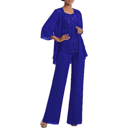 3 Pcs Mother of The Bride Suit Jacketed Lace Applique Formal Set with Sleeves