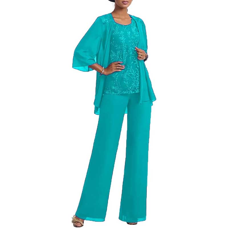 3 Pcs Mother of The Bride Suit Jacketed Lace Applique Formal Set with Sleeves