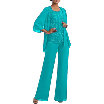 3 Pcs Mother of The Bride Suit Jacketed Lace Applique Formal Set with Sleeves
