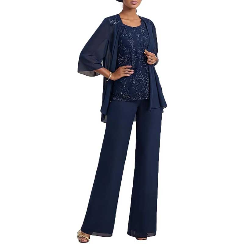 3 Pcs Mother of The Bride Suit Jacketed Lace Applique Formal Set with Sleeves