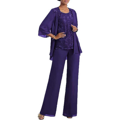 3 Pcs Mother of The Bride Suit Jacketed Lace Applique Formal Set with Sleeves