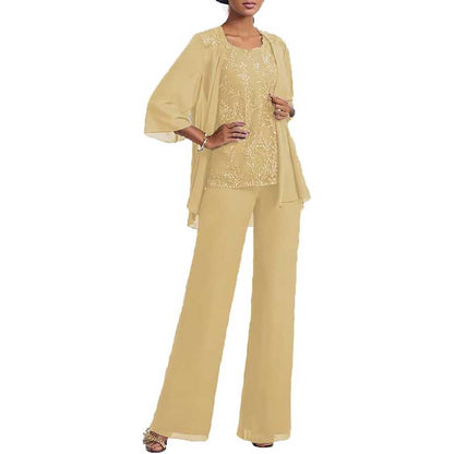 3 Pcs Mother of The Bride Suit Jacketed Lace Applique Formal Set with Sleeves