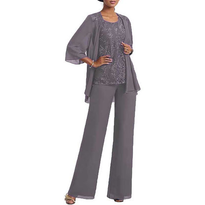 3 Pcs Mother of The Bride Suit Jacketed Lace Applique Formal Set with Sleeves