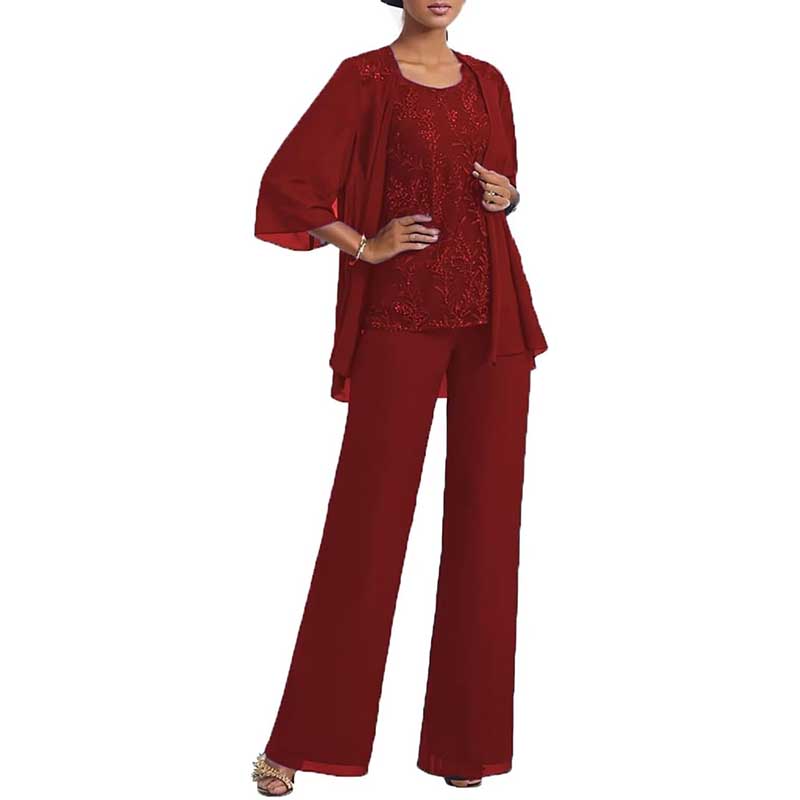 3 Pcs Mother of The Bride Suit Jacketed Lace Applique Formal Set with Sleeves