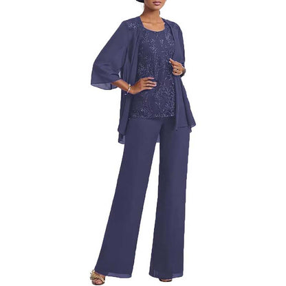 3 Pcs Mother of The Bride Suit Jacketed Lace Applique Formal Set with Sleeves