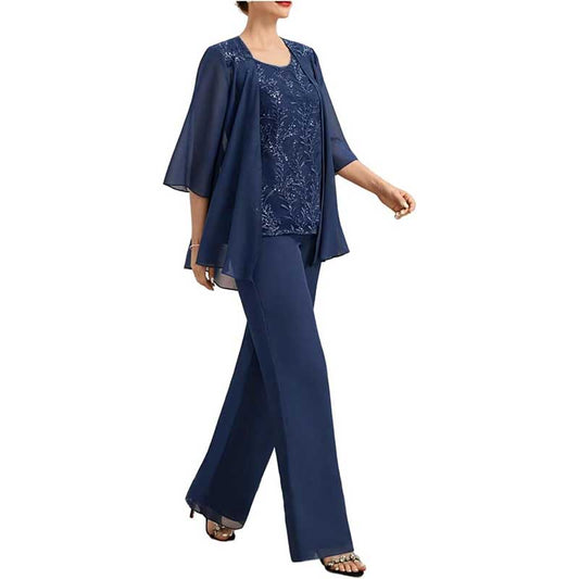 3 Pcs Mother of The Bride Suit Jacketed Lace Applique Formal Set with Sleeves