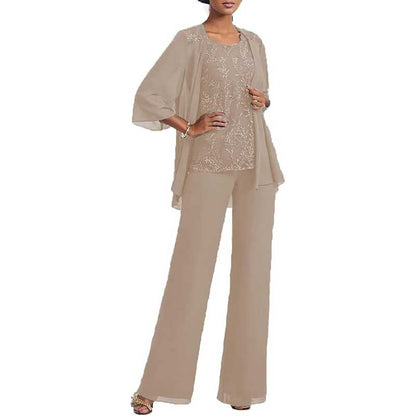 3 Pcs Mother of The Bride Suit Jacketed Lace Applique Formal Set with Sleeves