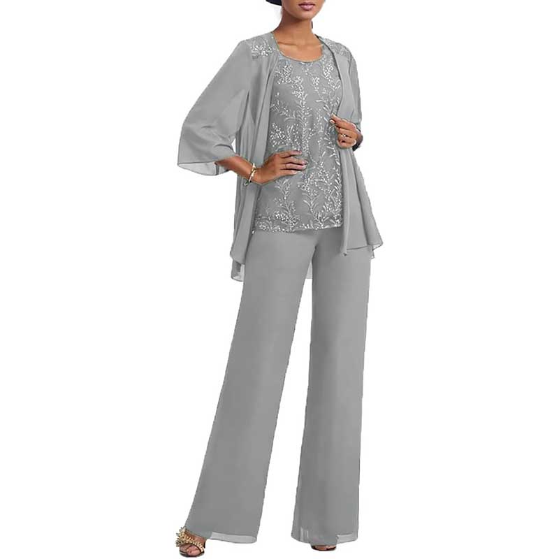 3 Pcs Mother of The Bride Suit Jacketed Lace Applique Formal Set with Sleeves