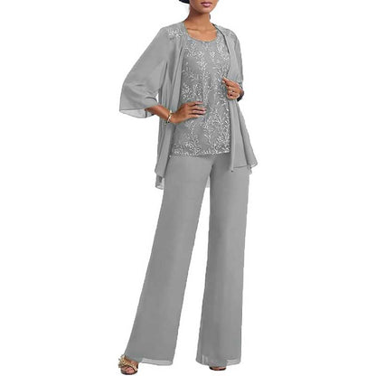 3 Pcs Mother of The Bride Suit Jacketed Lace Applique Formal Set with Sleeves