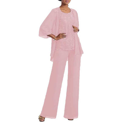 3 Pcs Mother of The Bride Suit Jacketed Lace Applique Formal Set with Sleeves