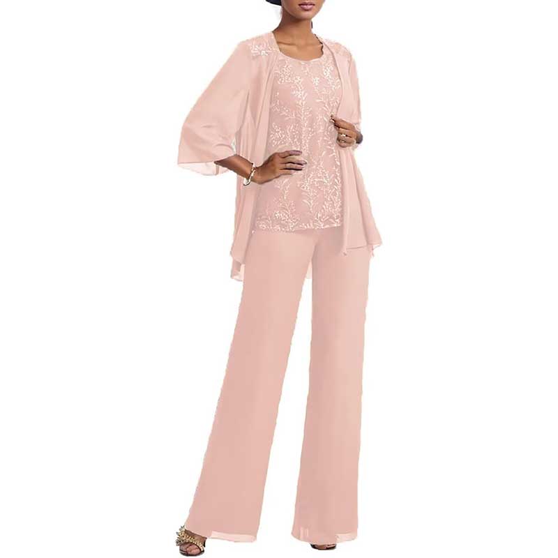 3 Pcs Mother of The Bride Suit Jacketed Lace Applique Formal Set with Sleeves