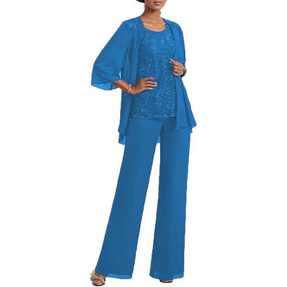 3 Pcs Mother of The Bride Suit Jacketed Lace Applique Formal Set with Sleeves
