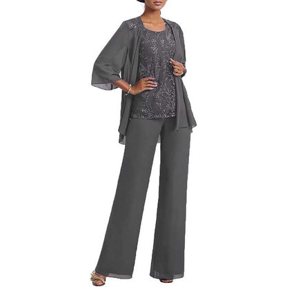 3 Pcs Mother of The Bride Suit Jacketed Lace Applique Formal Set with Sleeves
