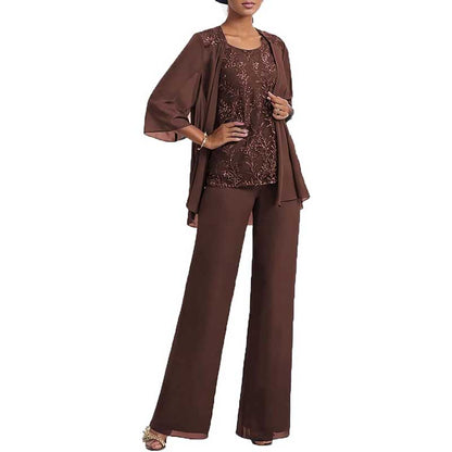 3 Pcs Mother of The Bride Suit Jacketed Lace Applique Formal Set with Sleeves