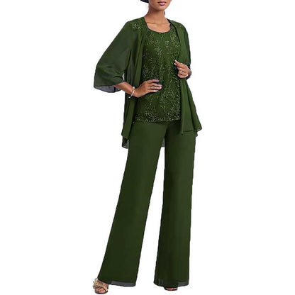3 Pcs Mother of The Bride Suit Jacketed Lace Applique Formal Set with Sleeves