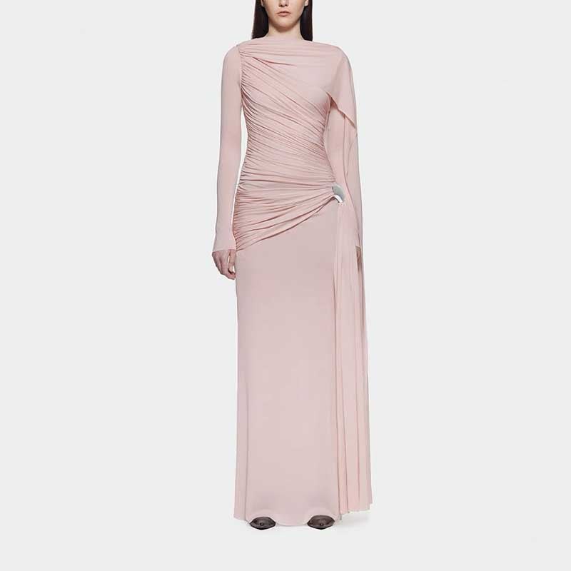 Shawl Ruched Draped Maxi Dress Long Sleeve Prom Dresses