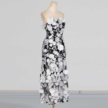 3D Floral Flower Strapless Midi Dress