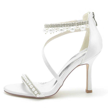 Women Pearls Rhinestones Open Toe Wedding Sandals 3.74" Dress Shoes