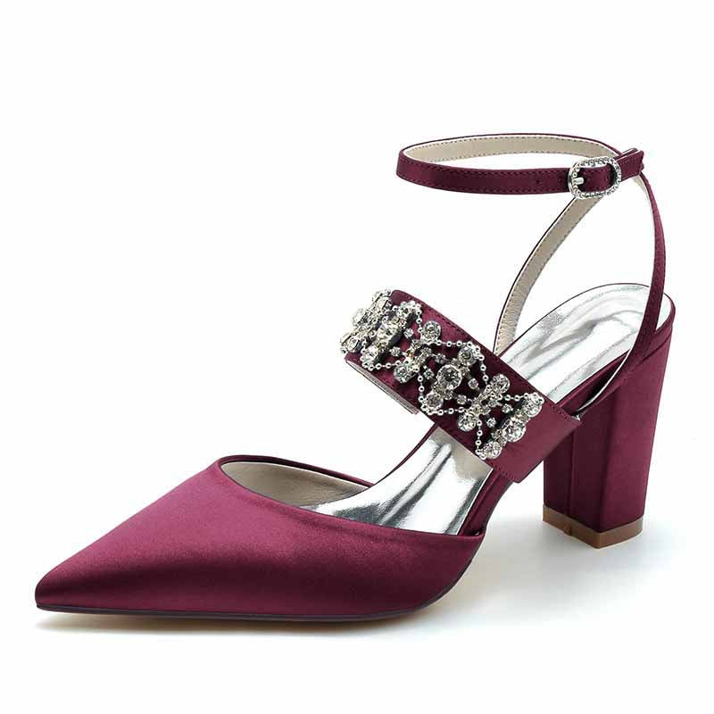 3.35" Satin Wedding Shoes Beaded Ankle Strap Dress Heels