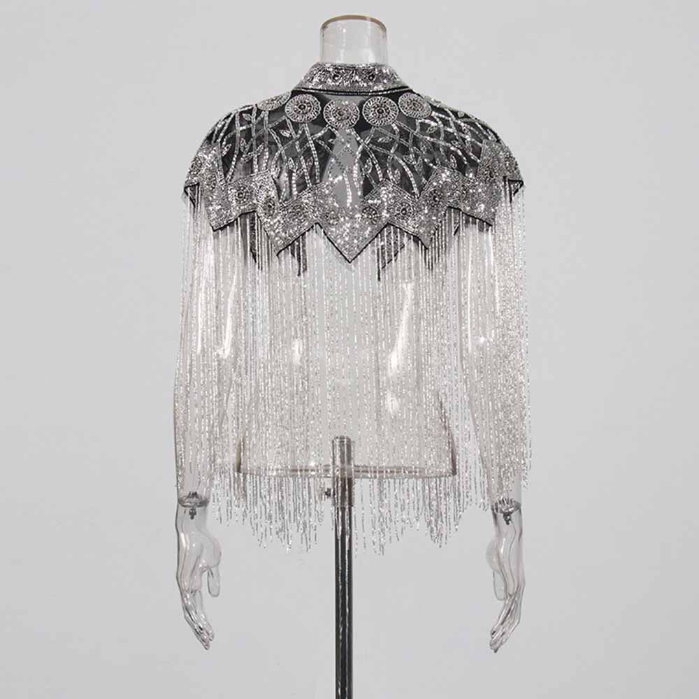 Gatsby Style 20s Metallic Cape – Gold & Silver Beaded Fringe Mesh Cape