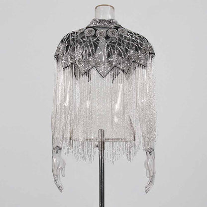 Gatsby Style 20s Metallic Cape – Gold & Silver Beaded Fringe Mesh Cape