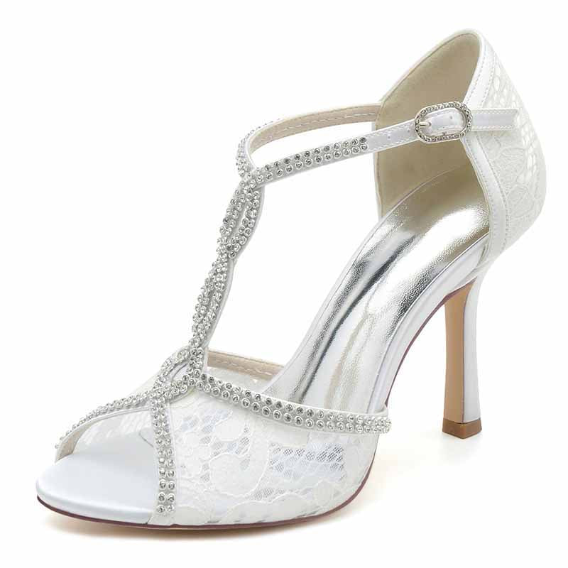 3.35" Peep-Toe Lace Bridal Shoes T-Strap Prom Heels