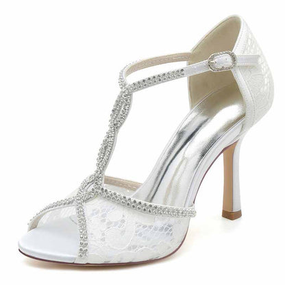3.35" Peep-Toe Lace Bridal Shoes T-Strap Prom Heels
