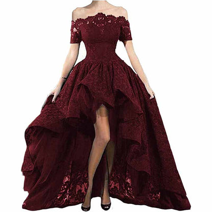 Off Shoulder Prom Dresses High Low Puffy Formal Lace Evening Ball Gowns