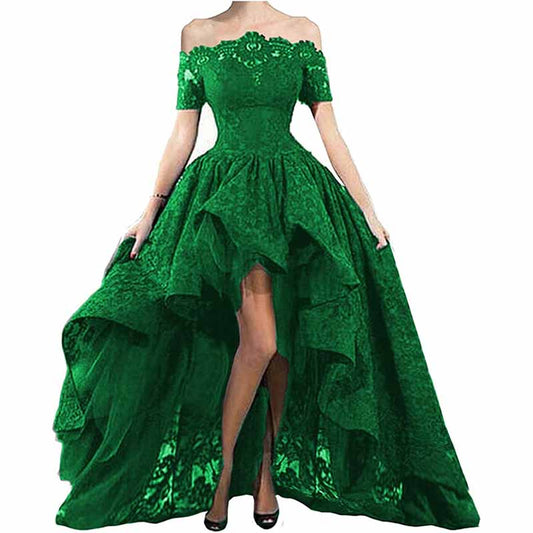 Off Shoulder Prom Dresses High Low Puffy Formal Lace Evening Ball Gowns
