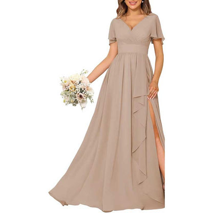 V-Neck Chiffon Bridesmaid Dress With Pocket Short Sleeves & Elegant Side Split