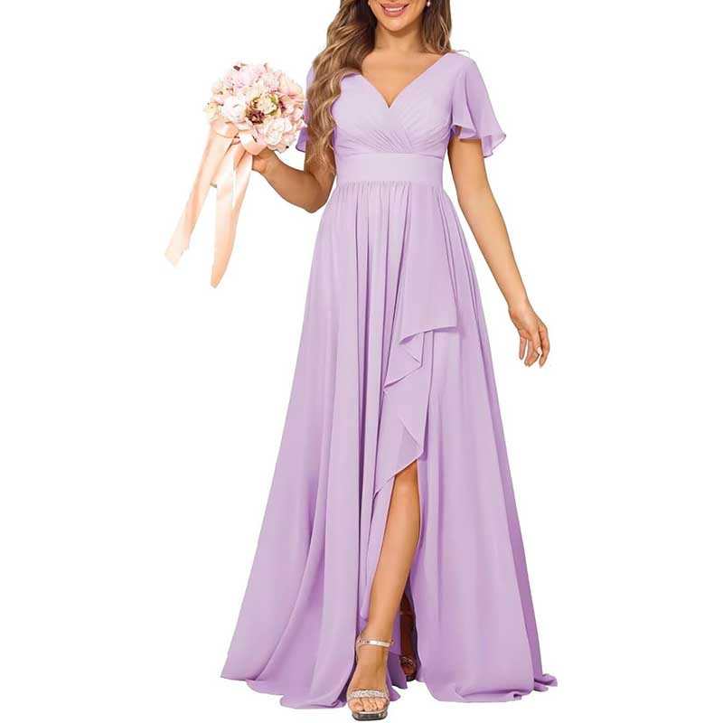 V-Neck Chiffon Bridesmaid Dress With Pocket Short Sleeves & Elegant Side Split
