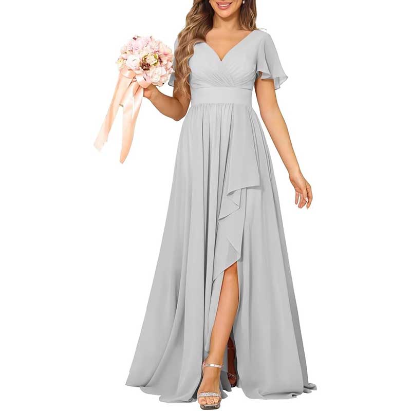 V-Neck Chiffon Bridesmaid Dress With Pocket Short Sleeves & Elegant Side Split