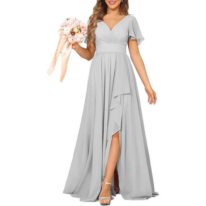 V-Neck Chiffon Bridesmaid Dress With Pocket Short Sleeves & Elegant Side Split