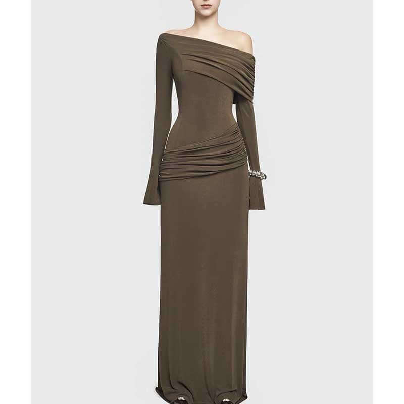 One Shoulder Ruch Maxi Dress With Sleeves for Women in brown, featuring long sleeves and ruch design.