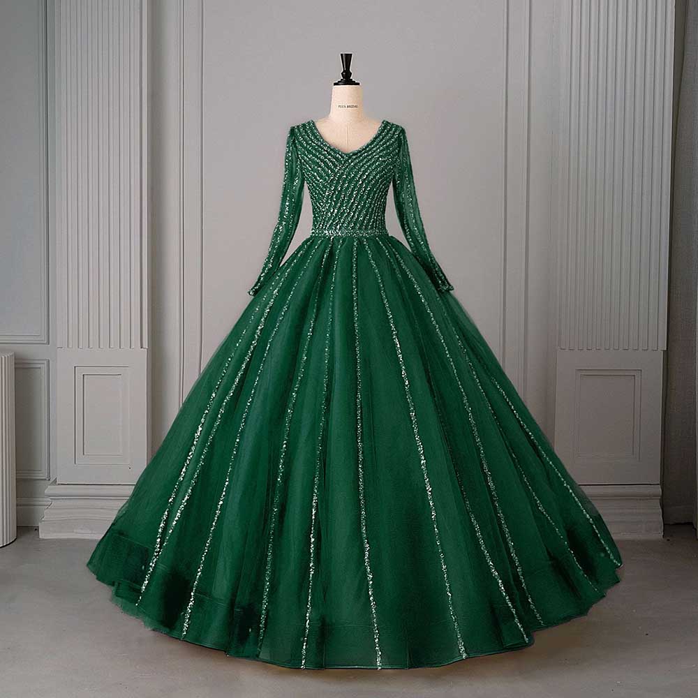 Long Sleeve Beaded Ball Gown V-Neck Formal Gowns