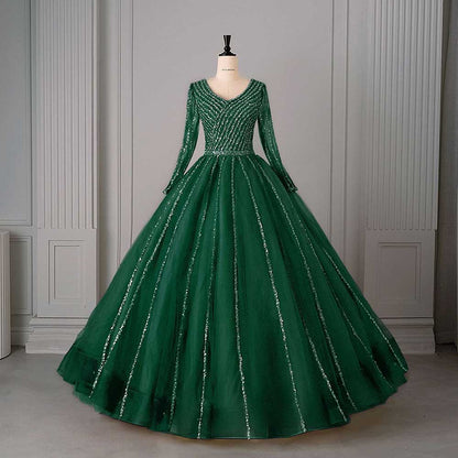 Long Sleeve Beaded Ball Gown V-Neck Formal Gowns