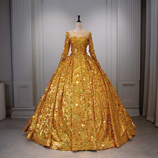 Long Sleeve Sequin Gala Ball Gown Sparkling Dresses