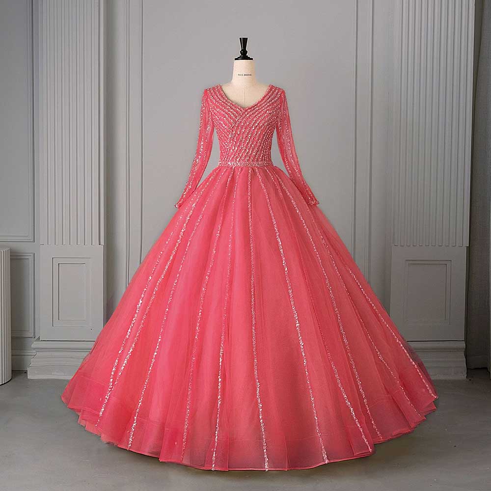 Long Sleeve Beaded Ball Gown V-Neck Formal Gowns