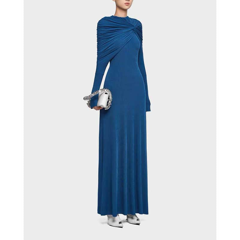 Raw Edge Detail Ruched Maxi Dress Long Sleeves
